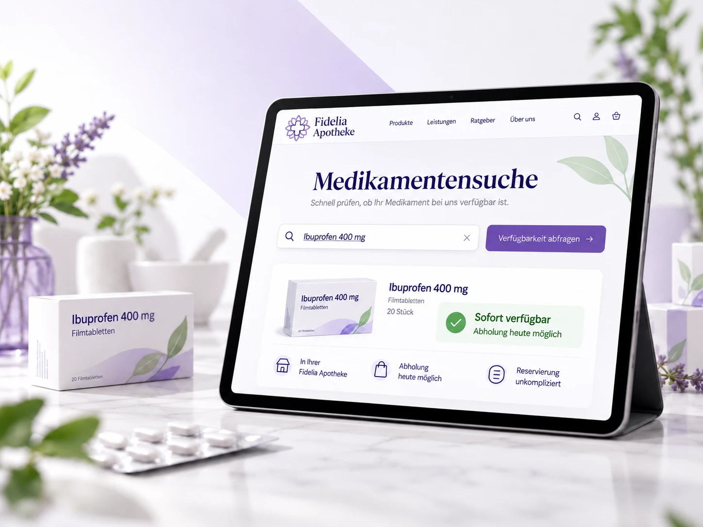 Tablet mit geöffneter Medikamentensuche der Fidelia Apotheke