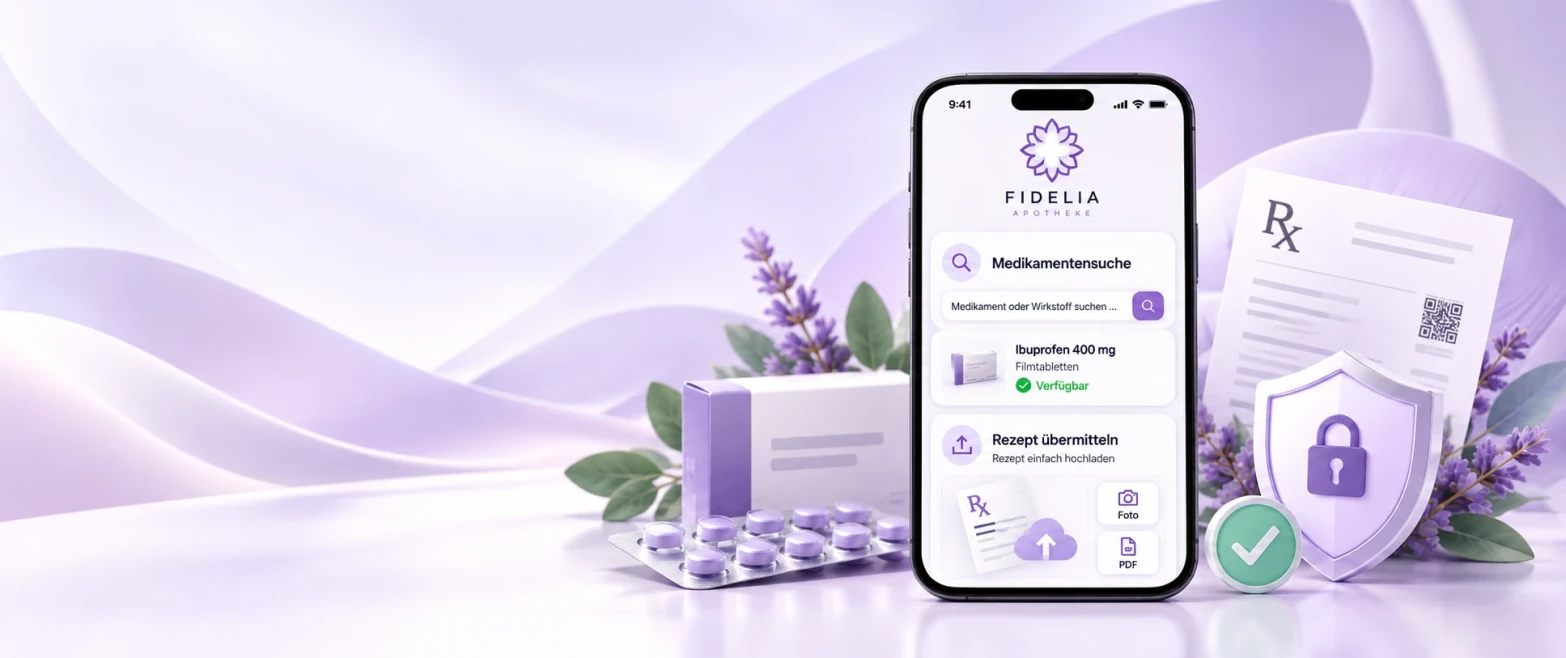 Smartphone mit Medikamentensuche und Rezept-Upload der Fidelia Apotheke
